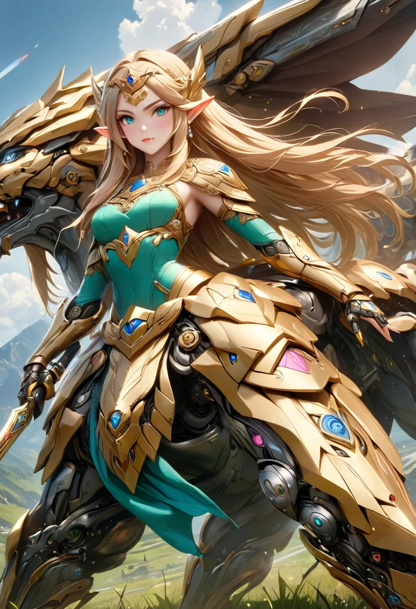 high details, best quality, 16k, [ultra detailed], masterpiece, best quality, (extremely detailed), full body, ultra wide shot, photorealistic, , fantasy art, dnd art, rpg art, realistic art, a wide angle, (((anatomically correct))) a wallpaper of an Princess Zelda, ready for battle with her mount (intense details, Masterpiece, best quality: 1.5),Princess Zelda (intense details, Masterpiece, best quality: 1.5), ultra detailed face, ultra feminine, fair skin, exquisite beauty, gold hair, long hair, wavy hair, small pointed ears, dynamic eyes color, wearing heavy green mech armor, shinning metal, armed with elven sword, green meadows, blue skies background and some clouds background depth of field (intricate details, Masterpiece, best quality: 1.5), full body (intricate details, Masterpiece, best quality: 1.5), high details, best quality, highres, ultra wide angle, Mechanical Creatures