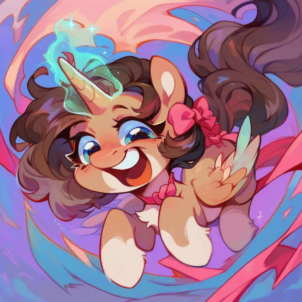 Light Brown alicorn Pony with pink  and dark brown hair, excited, magic coming from her horn, wearing a pink bow