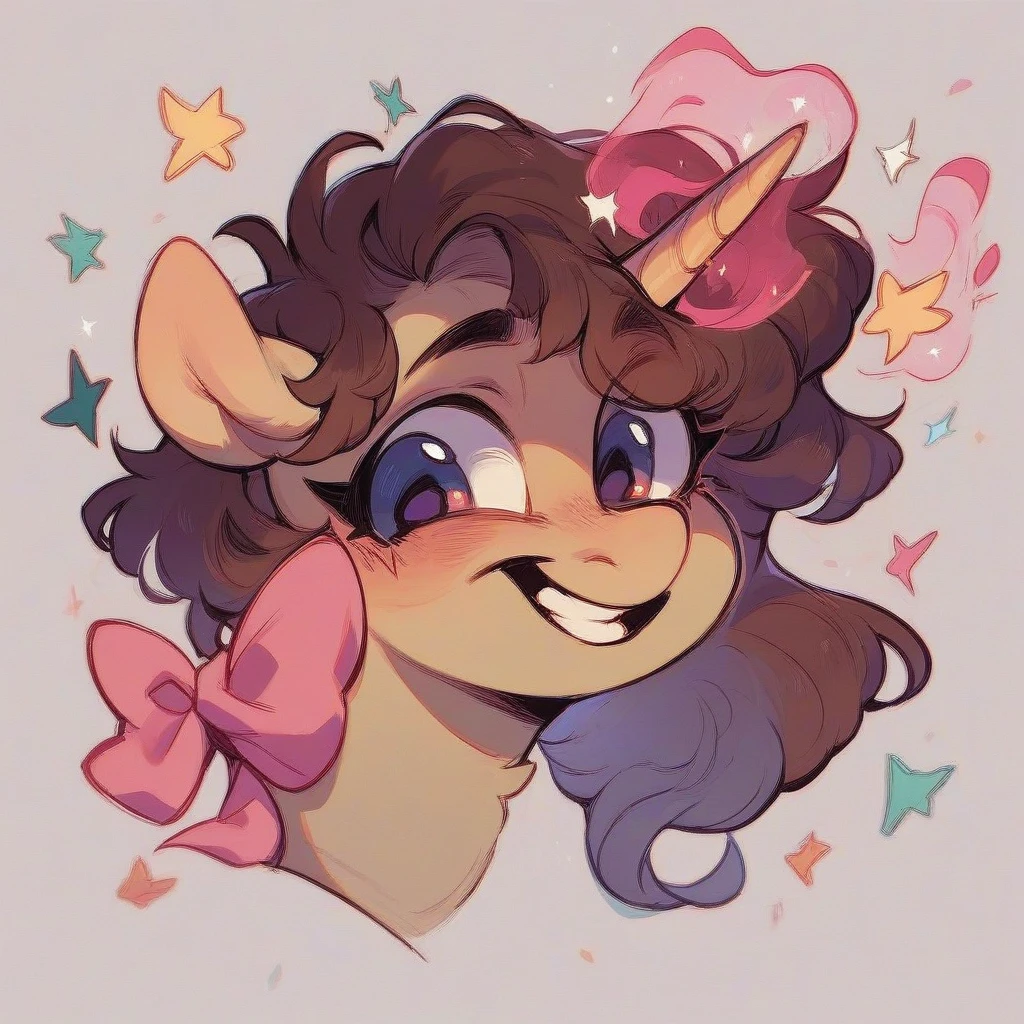 Light Brown alicorn Pony with pink and dark brown hair, excited, magic coming from her horn, wearing a pink bow