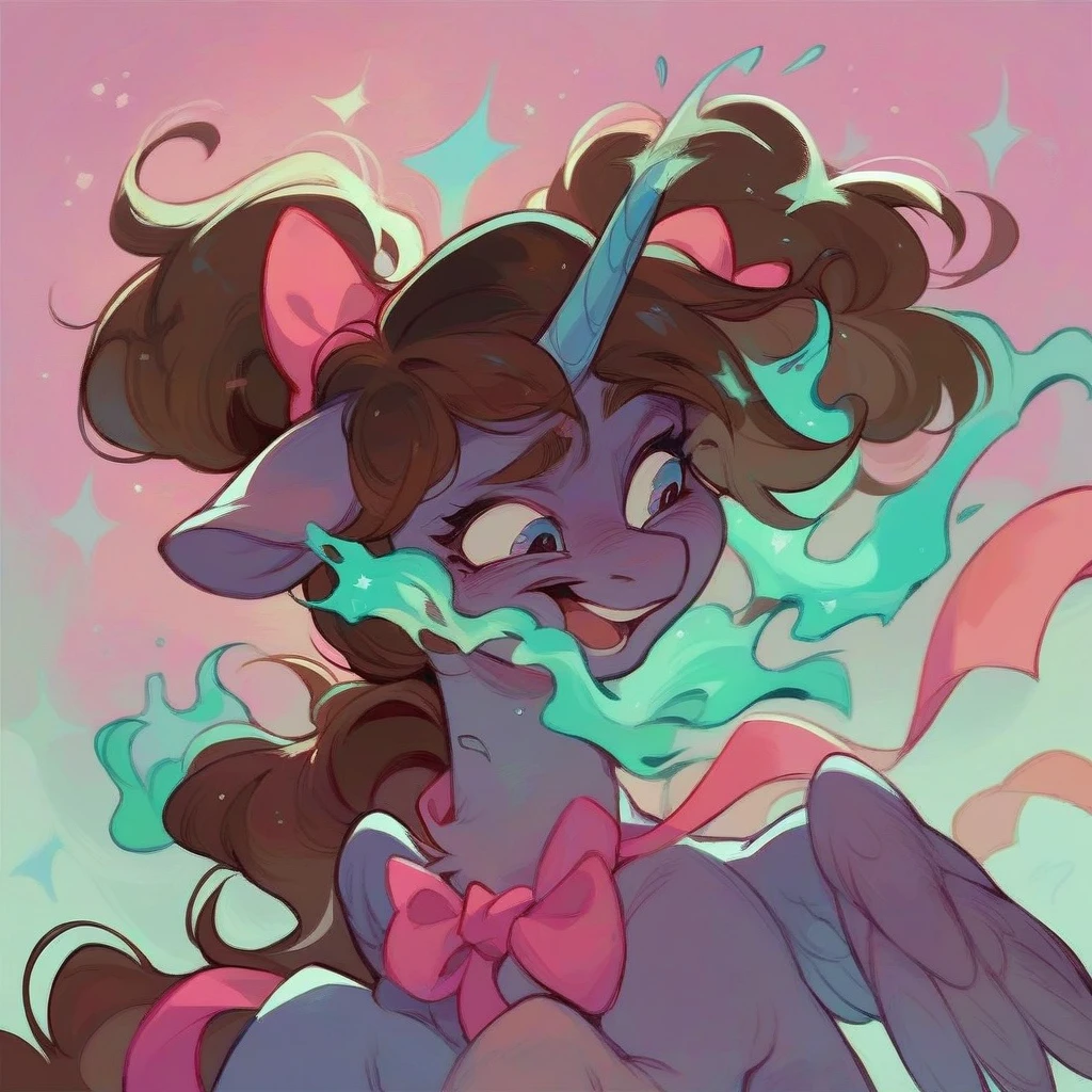 Light Brown alicorn Pony with pink  and dark brown hair, excited, magic coming from her horn, wearing a pink bow