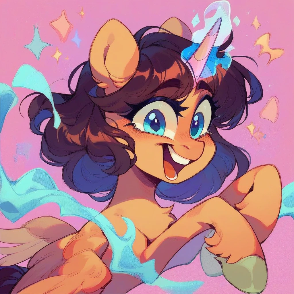 Light Brown alicorn Pony with pink  and dark brown hair, excited, magic coming from her horn, wearing a pink bow