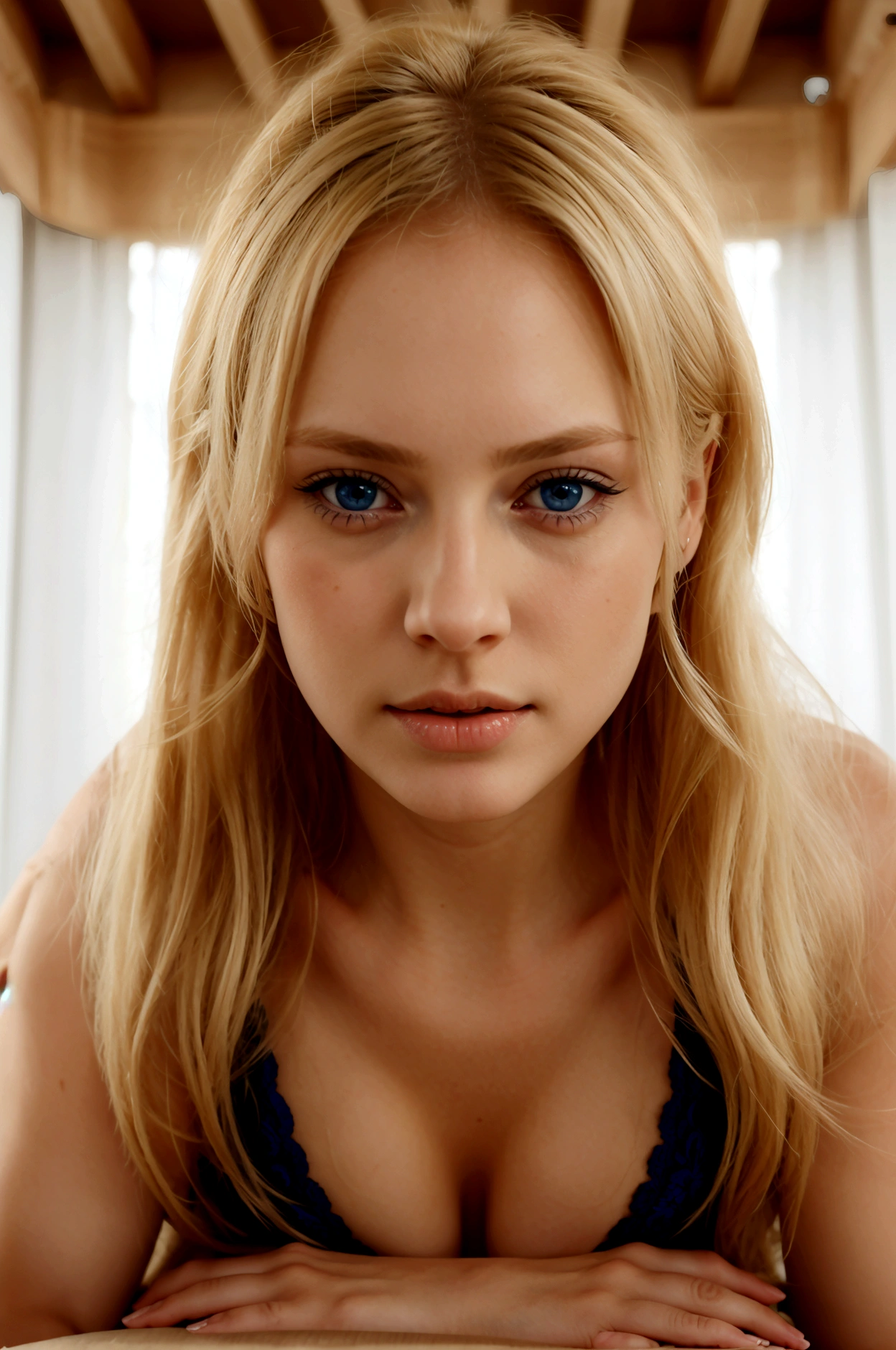 French woman, blond hair, blue eyes, en position sexy