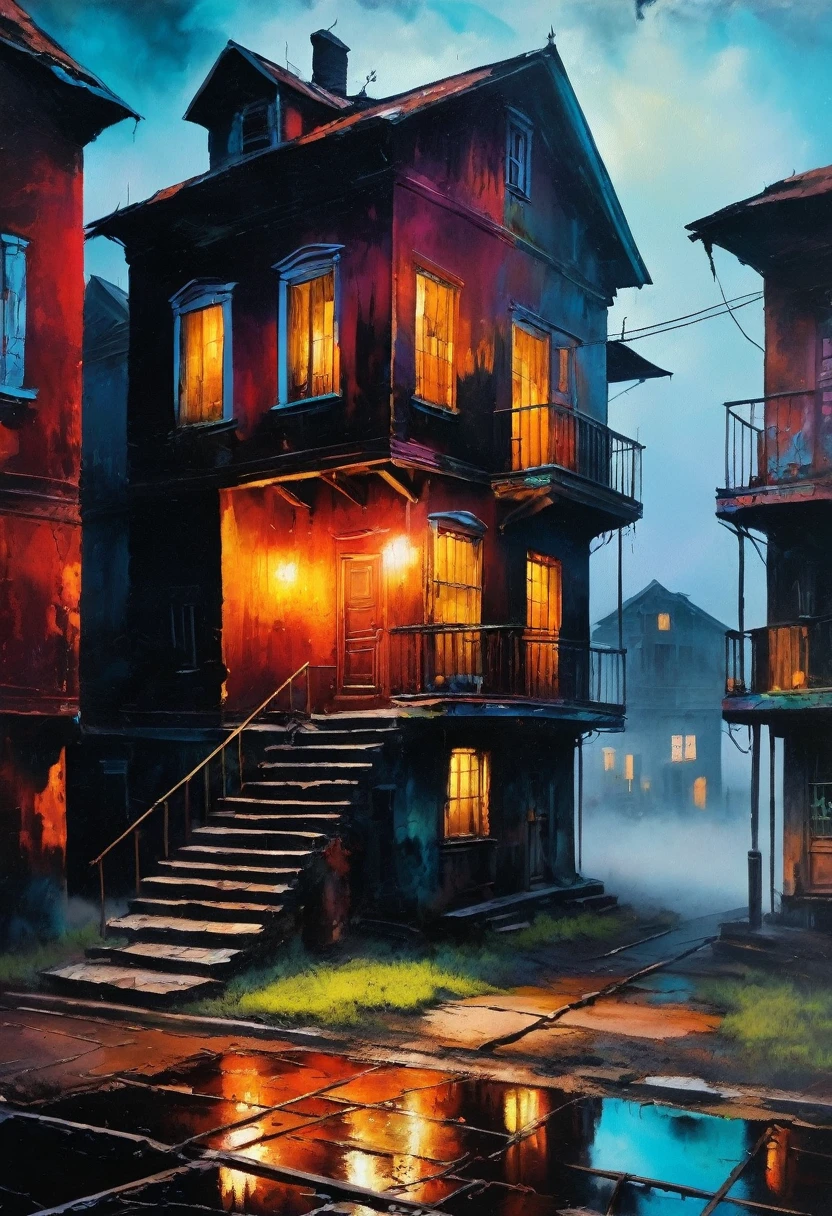 Colorful oil painting. Old dilapidated houses. Very beautiful, gouache, Cinematic, dark, Nasty, mysterious, modern vintage, rich deep colors, boho style. The fog is thick. ultra-stunning lighting. (swing on a playground) lithographic detail, dirt in all the cracks; conceptual art, super detailed, amazing composition. hyperrealistic photography, --niji 5 --ar 2:3 --expressive style --v 5.