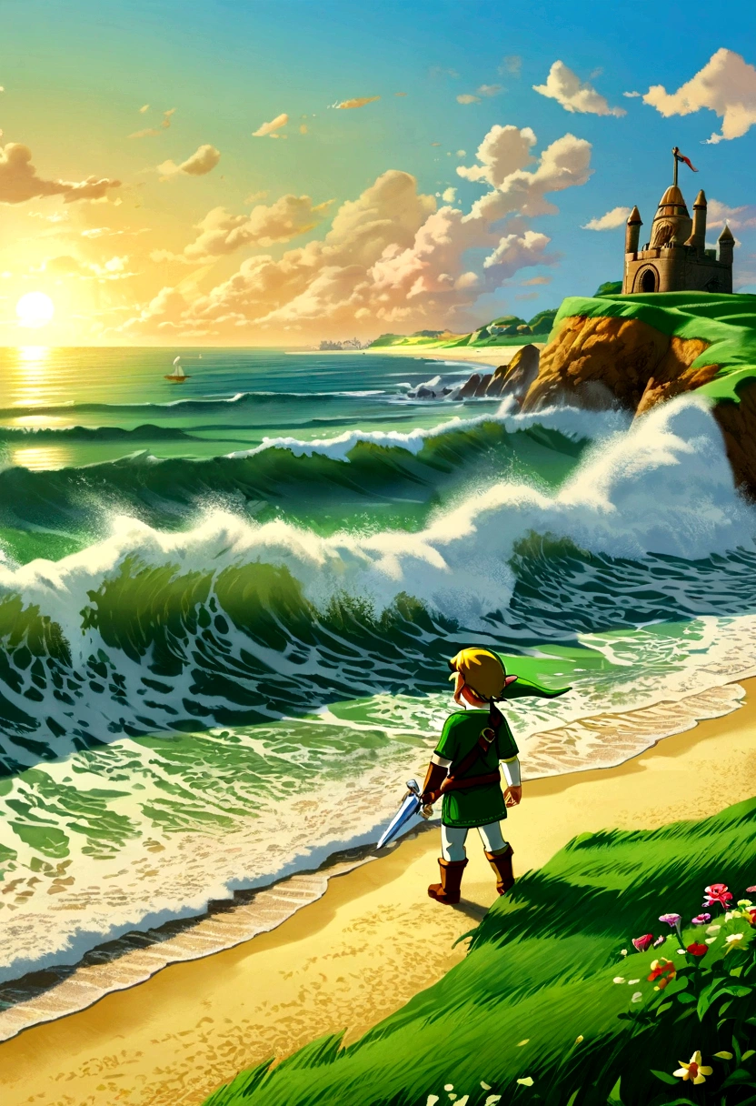 (The Legend of Zelda), Brave Link, waves crashing against the coast, children playing on the beach, full body, (Photography), panoramic view, award-winning, cinematic still, emotional, vignette, dynamic, vivid, (masterpiece, best quality, Professional, perfect composition, very aesthetic, absurdres, ultra-detailed, intricate details:1.3)