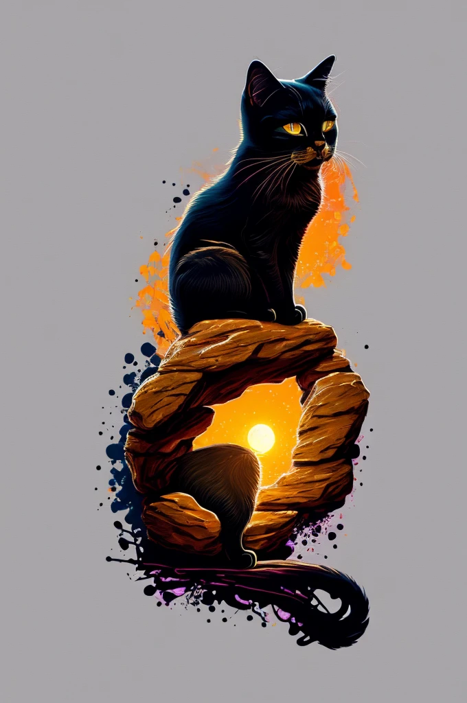 A cat sitting on a rock in a relaxed position, avec un ours, dans un cercle, with black background and art vector style, in a vibrant and characteristic sunset, with a detailed, sharp outline, as a t-shirt logo in art style