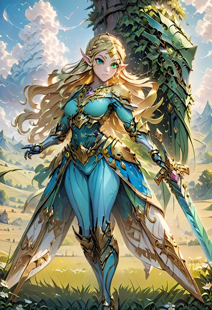 high details, best quality, 16k, [ultra detailed], masterpiece, best quality, (extremely detailed), full body, ultra wide shot, photorealistic, , fantasy art, dnd art, rpg art, realistic art, a wide angle, (((anatomically correct))) a wallpaper of an Princess Zelda, ready for battle with her mount (intense details, Masterpiece, best quality: 1.5),Princess Zelda (intense details, Masterpiece, best quality: 1.5), ultra detailed face, ultra feminine, fair skin, exquisite beauty, gold hair, long hair, wavy hair, small pointed ears, dynamic eyes color, wearing heavy green mech armor, shinning metal, armed with elven sword, green meadows, blue skies background and some clouds background depth of field (intricate details, Masterpiece, best quality: 1.5), full body (intricate details, Masterpiece, best quality: 1.5), high details, best quality, highres, ultra wide angle, Mechanical Creatures