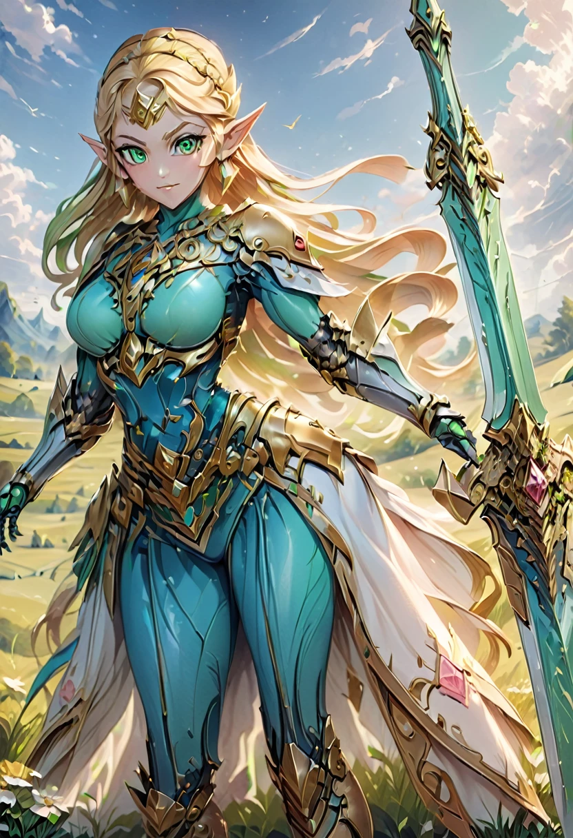 high details, best quality, 16k, [ultra detailed], masterpiece, best quality, (extremely detailed), full body, ultra wide shot, photorealistic, , fantasy art, dnd art, rpg art, realistic art, a wide angle, (((anatomically correct))) a wallpaper of an Princess Zelda, ready for battle with her mount (intense details, Masterpiece, best quality: 1.5),Princess Zelda (intense details, Masterpiece, best quality: 1.5), ultra detailed face, ultra feminine, fair skin, exquisite beauty, gold hair, long hair, wavy hair, small pointed ears, dynamic eyes color, wearing heavy green mech armor, shinning metal, armed with elven sword, green meadows, blue skies background and some clouds background depth of field (intricate details, Masterpiece, best quality: 1.5), full body (intricate details, Masterpiece, best quality: 1.5), high details, best quality, highres, ultra wide angle, Mechanical Creatures