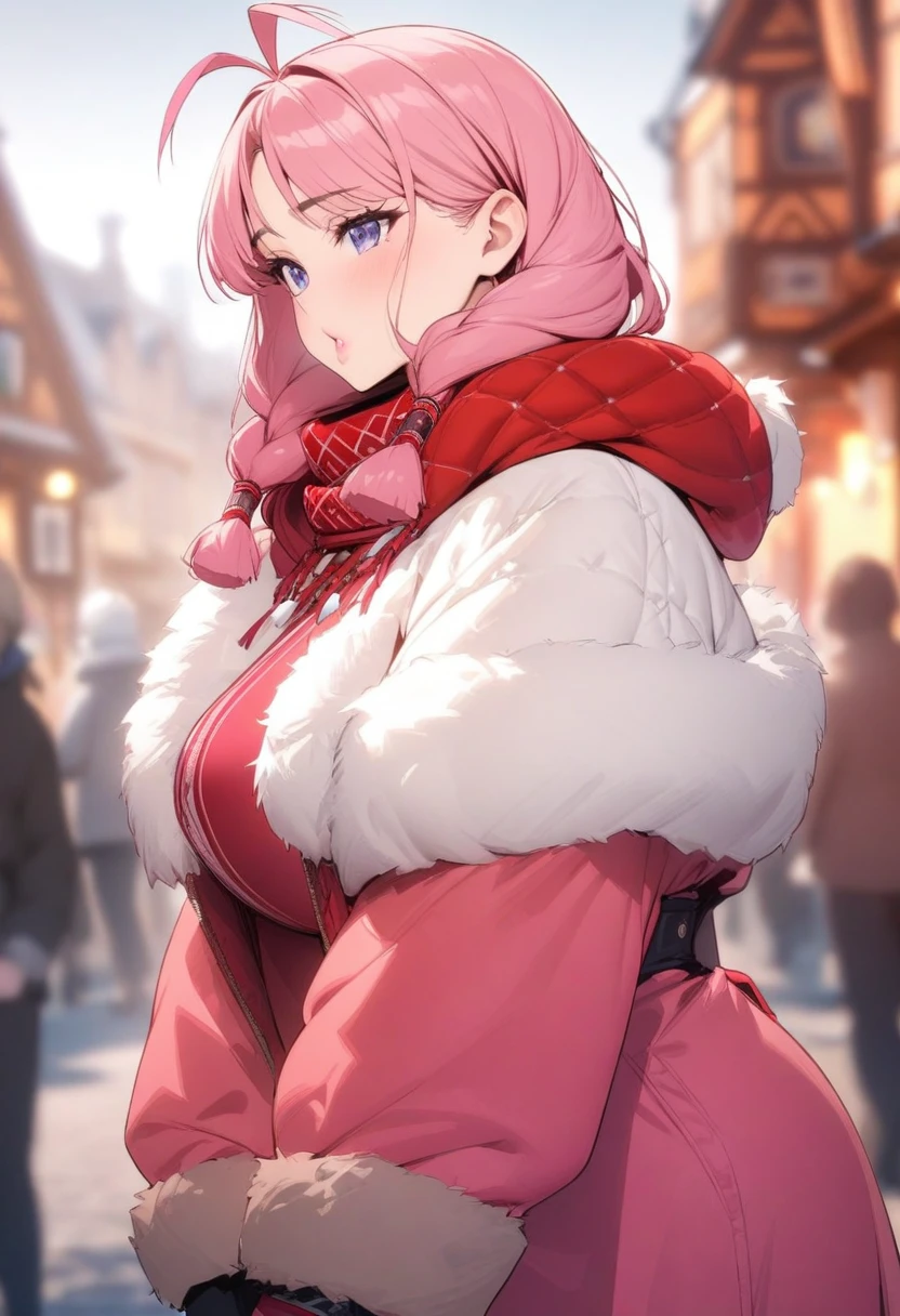 masterpiece, best quality, very aesthetic, absurdres, 1girl, mature_lady,,puckered lips,Hot pink hairantenna hair,Parka,Sámi / Traditional Sámi (Sámi region in Northern Europe),blur background,background defocus