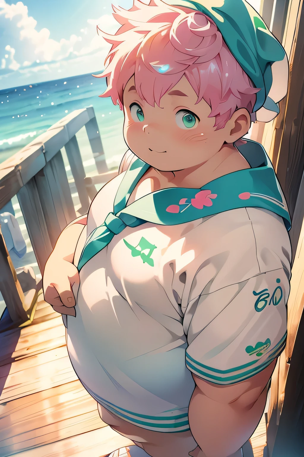 chubby boy, cute, overweight, pink short hair, neon green eyes, sailor suit, sailor cap, on a ship, gazing out to the sea, happy, (best quality,4k,8k,highres,masterpiece:1.2),ultra-detailed,(realistic,photorealistic,photo-realistic:1.37),digital art, anime, vibrant colors, warm lighting, cinematic composition