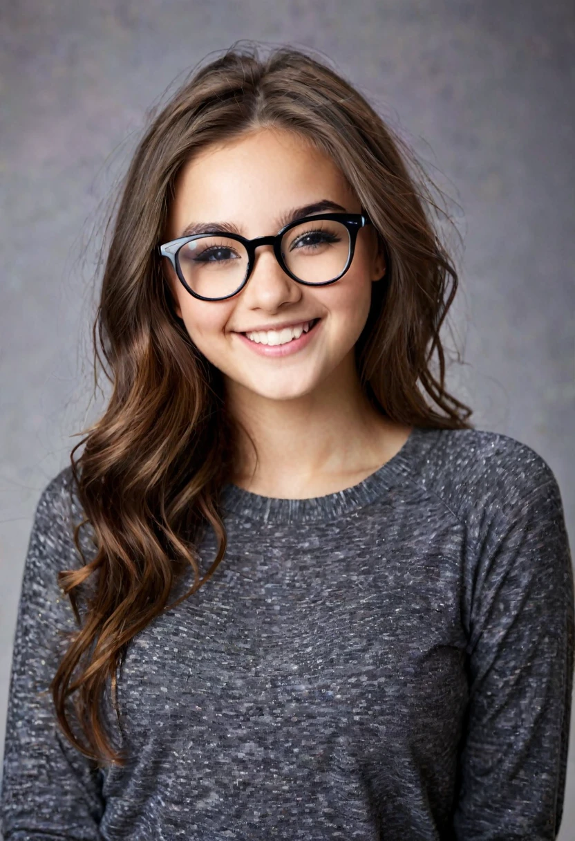 Realistic sexy young teen outfit smileling looking at camera glasses