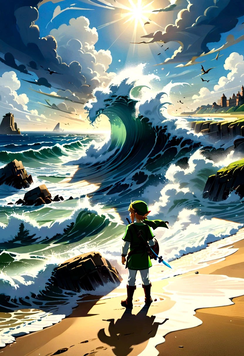 (The Legend of Zelda), Brave Link, waves crashing against the coast, children playing on the beach, distant sailboats are sailing against a backdrop of sea and sky, seagulls are freely circling in the sky, full body, (Photography), panoramic view, award-winning, cinematic still, emotional, vignette, dynamic, vivid, (masterpiece, best quality, Professional, perfect composition, very aesthetic, absurdres, ultra-detailed, intricate details:1.3)