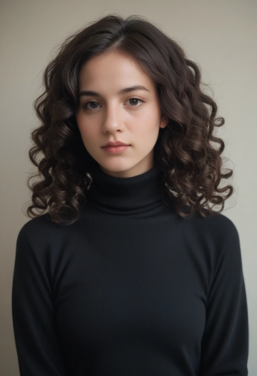 score_9,score_8_up,score_7_up,score_6_up BREAK source_real,raw,photo,realistic BREAK an woman,clean skin,wearing a black turtleneck sweater,soft hair,black long curly hair,looking at the camera,