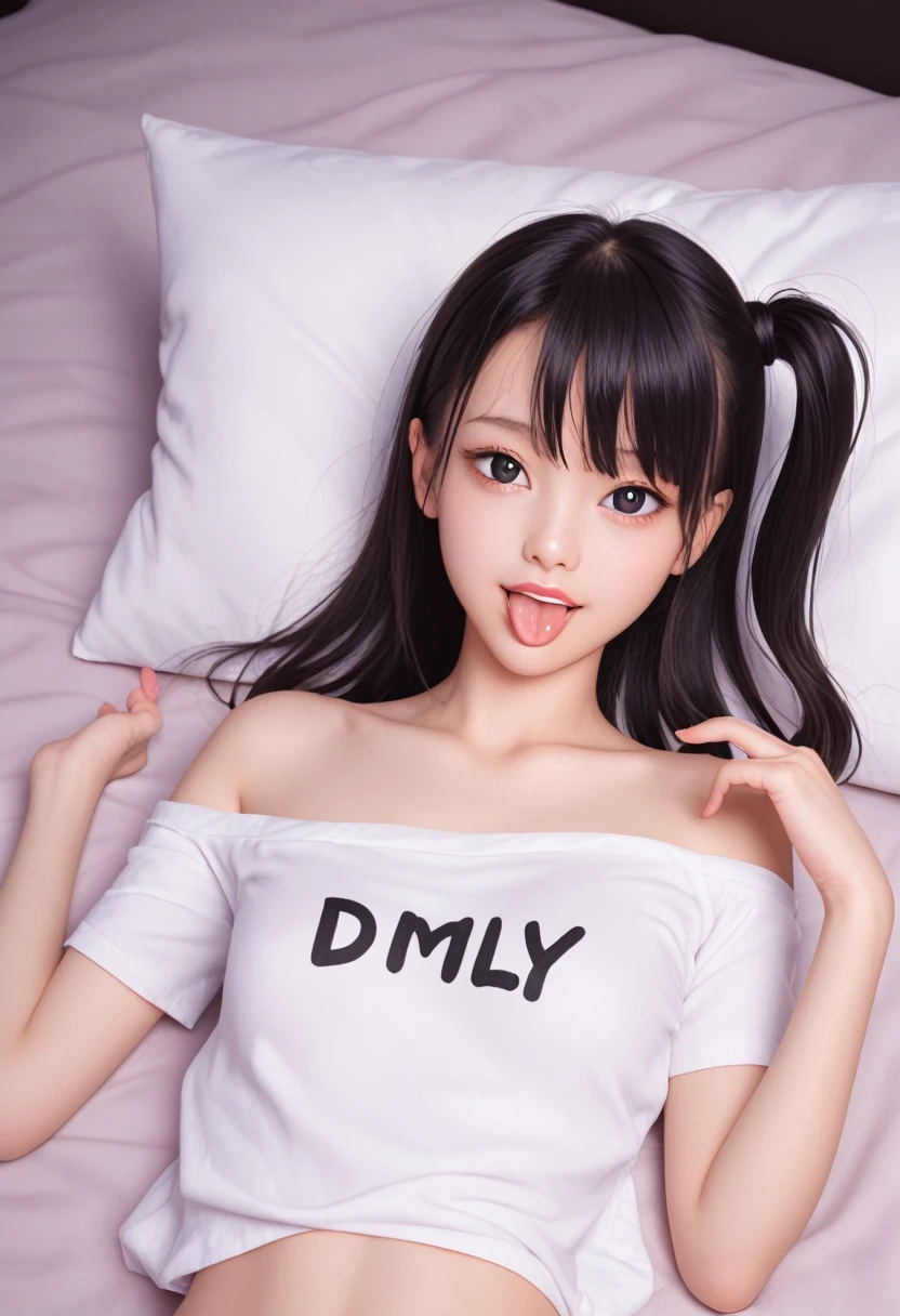 pastel colors t-shirt,off-shoulder look,bare shoulder,ollarbone,midriff peek,string panties,(open mouth:1.5),(tongue out:2),lying,finger to mouth,(overhead shot:1),front view,upper body,(1girl,Beautiful 14 year old girl),((Slender,Small breasts,Small face,)),(looking at viewer),Black Hair,bangs,one side up,Beautiful and detailed,(Dimly lit room:1.5),Simple Background,White bed,pillow,Mischievous smile
