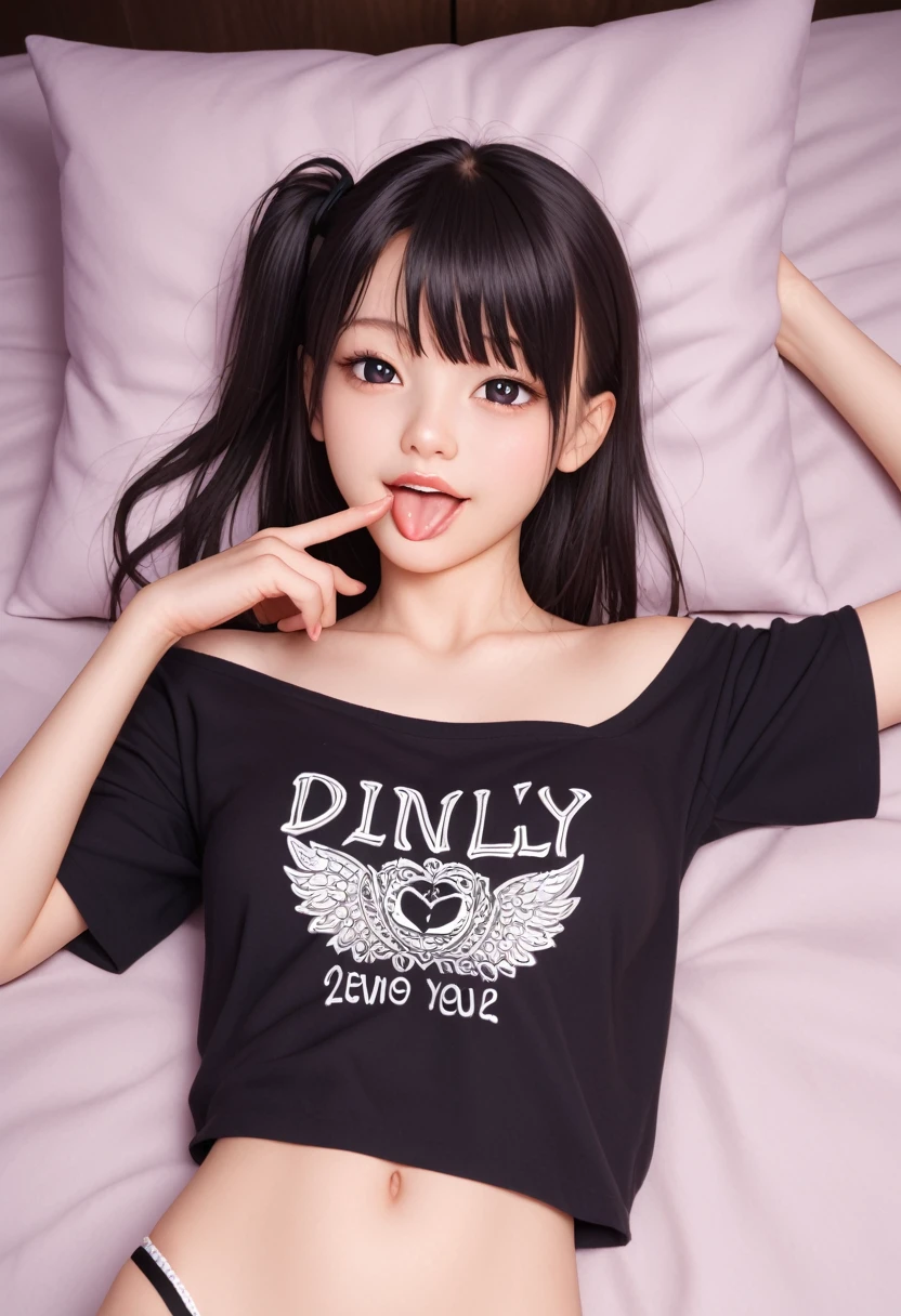 pastel colors t-shirt,off-shoulder look,bare shoulder,ollarbone,midriff peek,string panties,(open mouth:1.5),(tongue out:2),lying,finger to mouth,(overhead shot:1),front view,upper body,(1girl,Beautiful 14 year old girl),((Slender,Small breasts,Small face,)),(looking at viewer),Black Hair,bangs,one side up,Beautiful and detailed,(Dimly lit room:1.5),Simple Background,White bed,pillow,Mischievous smile