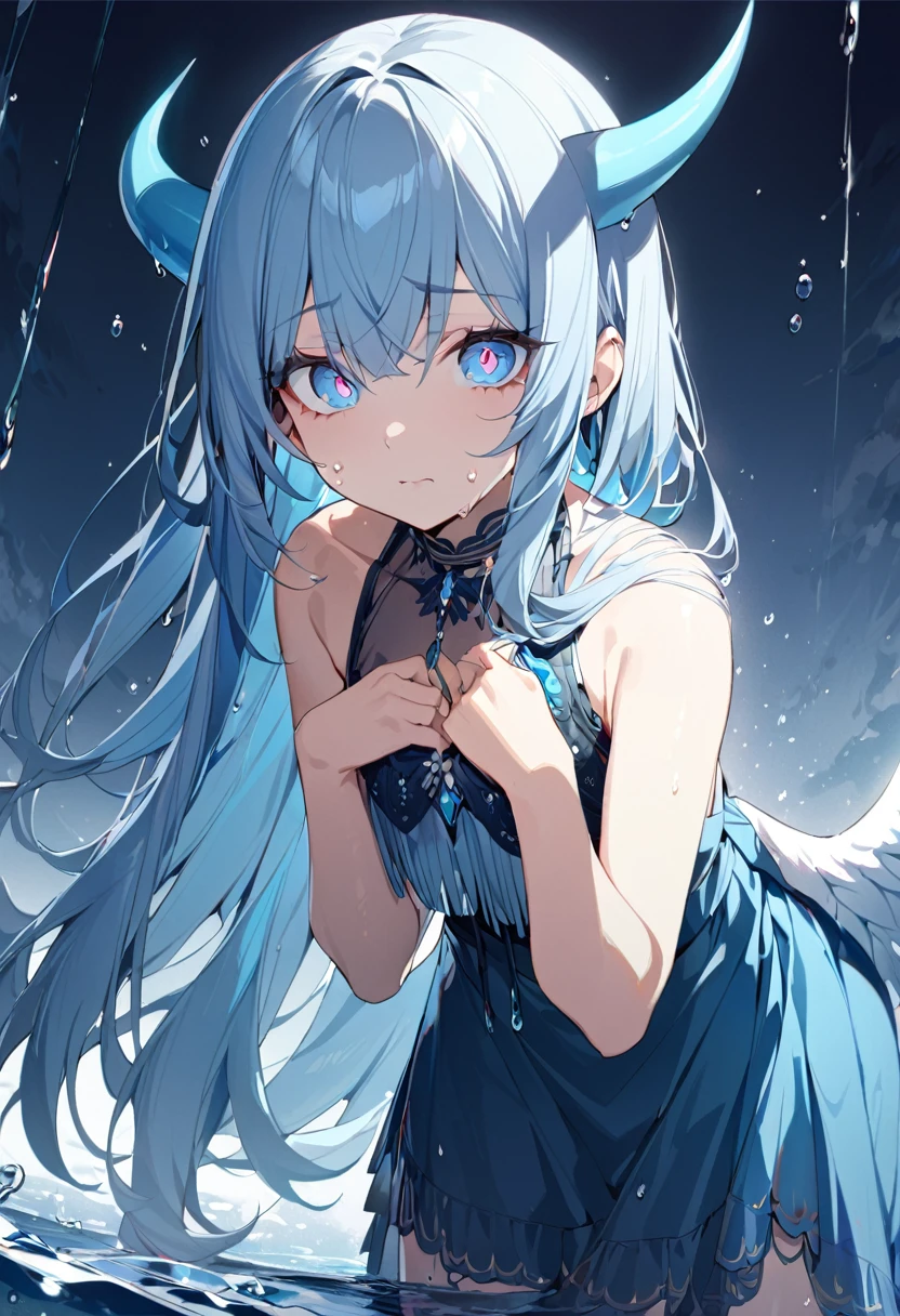 1 girl, masterpiece, best quality, beautiful, big eyes, sad, blue eyes, light blue hair, long hair, flapper dress, light blue wings on the back, blue horn, droplets on cheeks, water, anime