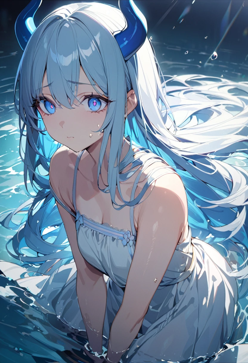 1 girl, masterpiece, best quality, beautiful, big eyes, sad, blue eyes, light blue hair, long hair, flapper dress, light blue wings on the back, blue horn, droplets on cheeks, water, anime