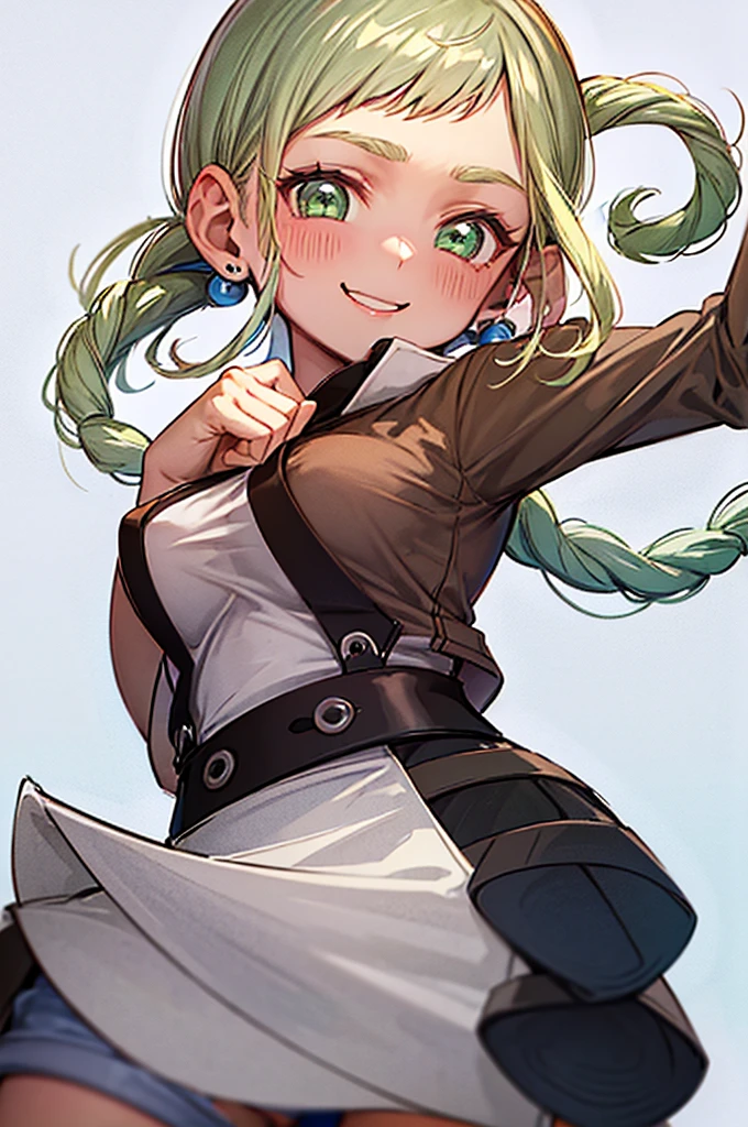 ojaskmmkcs, standing, smile, simple background, adult, medium breasts, heavy winter brown jacket, gray shirt, blue jeans, green eyes, blush, energetic pose, hands behind back, winking, one eye closed