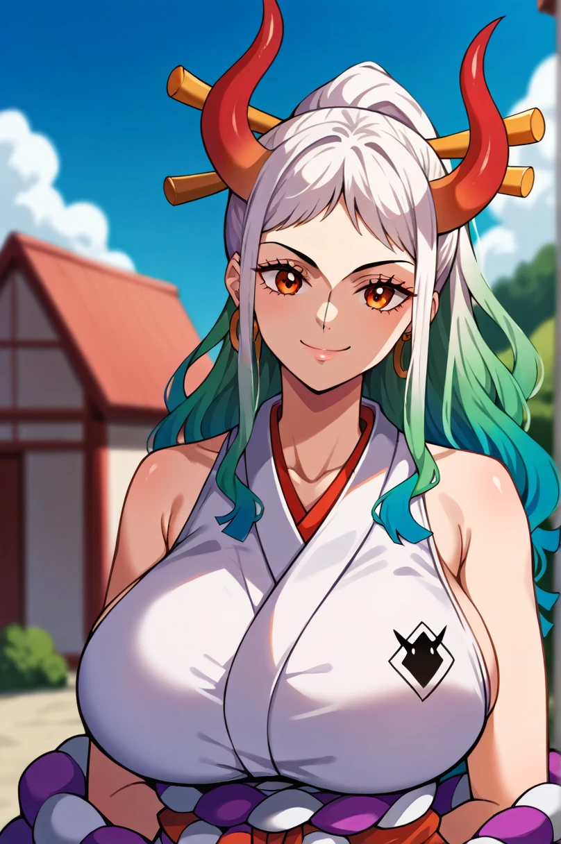 yamato \(one piece\), 1girl, solo, japanese clothes, multicolored hair, jewelry, earrings, sleeveless kimono, hair ornament, kimono, curled horns, long hair, oni, upper body, smile, rope, breasts, hair stick, sleeveless, shimenawa, white background, closed mouth, hoop earrings, bare shoulders, ponytail, (masterpiece, best quality), luxury house, scenery, ((front view)), detailed, very high resolution, no blurry image, full body, orange eyes, sligh wavy hair, ((huge breasts))