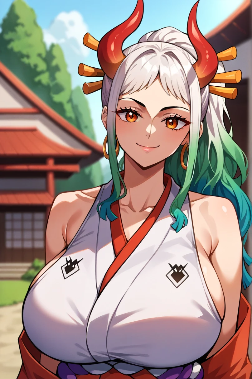 yamato \(one piece\), 1girl, solo, japanese clothes, multicolored hair, jewelry, earrings, sleeveless kimono, hair ornament, kimono, curled horns, long hair, oni, upper body, smile, rope, breasts, hair stick, sleeveless, shimenawa, white background, closed mouth, hoop earrings, bare shoulders, ponytail, (masterpiece, best quality), luxury house, scenery, ((front view)), detailed, very high resolution, no blurry image, full body, orange eyes, sligh wavy hair, ((huge breasts))