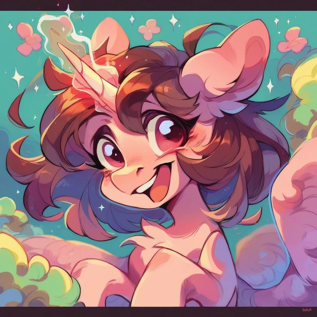 Brown alicorn Pony with pink  and dark brown hair, excited, magic coming from her horn, wearing a pink bow