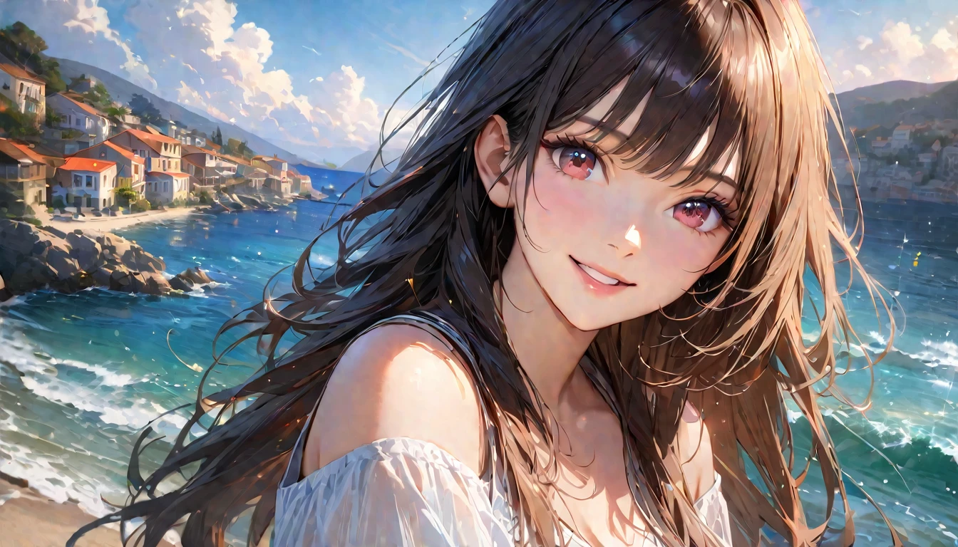 Sparkling sea in Greece , Sunny sky with fluffy white clouds, houses along the coast, Blur the background,Pleasant sea breeze,Young woman with dark hair,smile,Glitter effect,highest quality, 4K, 8K, High resolution, masterpiece:1.2, Very detailed, Realistic:1.37, High resolution, 超High resolution, Studio Lighting, Ultra-fine painting, Sharp focus, Physically Based Rendering, Very detailed explanation, Professional, Vibrant colors