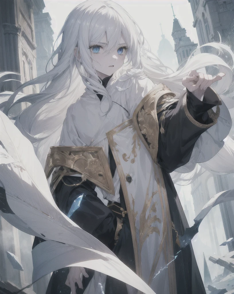 a young boy with long white hair, pale skin, and blue eyes, falling from the sky, casting an angry spell, realistic, intricate details, cinematic lighting, epic fantasy, dramatic, stunning