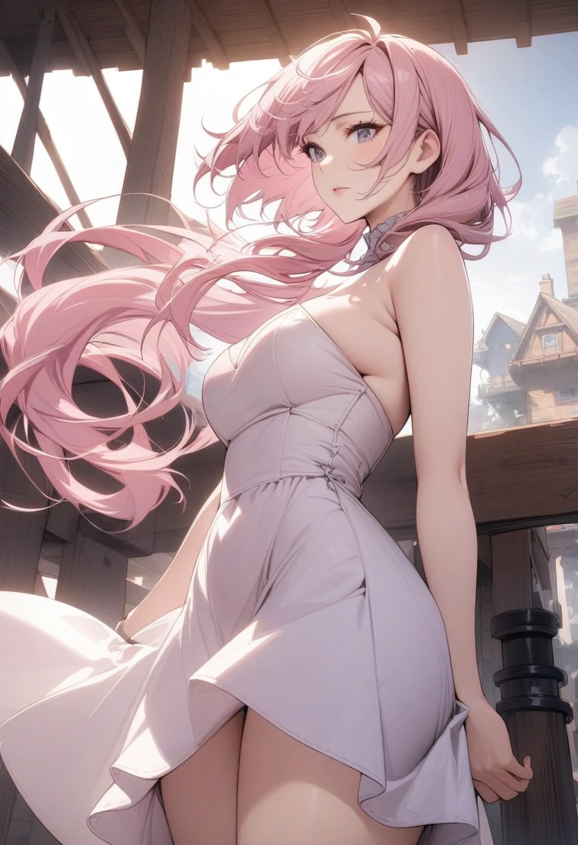 masterpiece, best quality, very aesthetic, absurdres, 1girl, mature_lady,,expressionless,Pastel pink hairshort hair with long locks,Strapless Dress,Post and Beam Construction,floating_hair