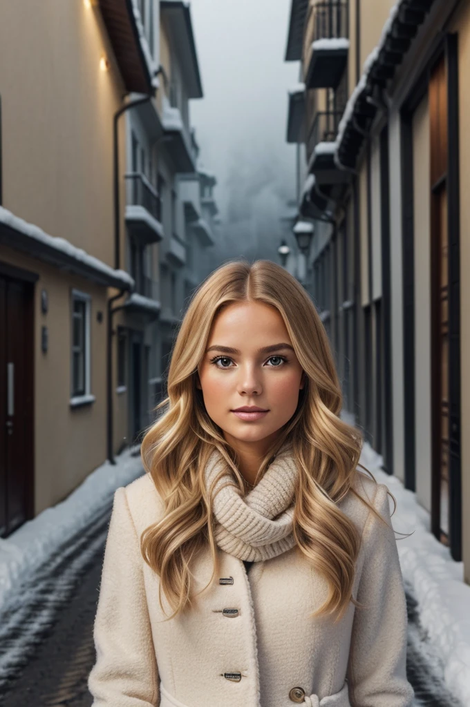 proFessional portrait photograph oF a gorgeous Norwegian girl in winter clothing with long wavy blonde hair, sultry Flirty look, gorgeous symmetrical Face, lindo maquillaje natural, wearing elegant warm winter Fashion clothing, ((parado afuera en una calle nevada de la ciudad)), impresionante entorno urbano moderno, ultra realista, arte conceptual, elegant, muy detallado, Intrincado, sharp Focus, depth oF Field, F/1. 8, 85mm, Tiro medio, plano medio, (((proFessionally color graded))), bright soFt diFFused light, (volumetric Fog), tendencia en instagram, hdr 4k, 8k