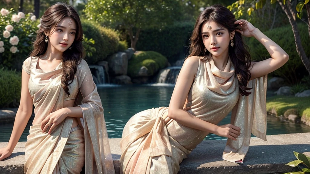 (Masterpiece:1.4), CG Unity 8k walpaper, ((Realistic: 1.2)), Ray Tracing, k,a girl 20 years, ((Luxury wearing an elegant saree: 1.2)), curly long hair,deep black eyes,shiny red lips,brown skin,lotus flower in her hair, palms decorated with henna,in a blooming garden,bright colorful flowers,green grass,blue sky,sunshine falling on her,peaceful and serene expression,subtle smile on her face,fingers delicately touching flower petals,body language full of grace and elegance, scenic beauty,painting as medium,detailed and vivid,high-resolution image,photorealistic rendering,vibrant colors,soft lighting, ((luxury Lovely Glitter Peach colour Cowl Homecoming Dress: 1.2)), [(4 different Poses),(pose 1: Grab hair with both hands, tighten tummy to lift hips,stand side ways),(pose 2: strech your arm,hand on hip, tighten tummy and lift hip),(pose 3: tilt head to smile,put arm behind back,place arm side by leg),(pose 4: title your head to smile,put your hands naturally by your side,stand side ways)], (Detailed poses), (Detailed Dress), (detailed background) , Beautiful human real fingers, beautiful human real hands, Real human natural skin, 