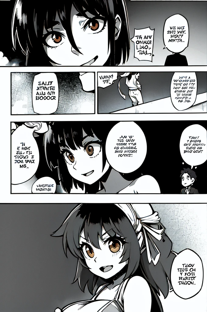 Comics of a brown-haired girl with olive skin, looking at a boy with brown hair and brown eyes sitting at the school desk with a smile on his face