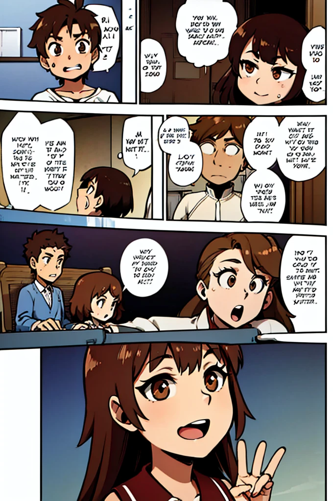 Comics of a brown-haired girl with olive skin, looking at a boy with brown hair and brown eyes sitting at the school desk with a smile on his face