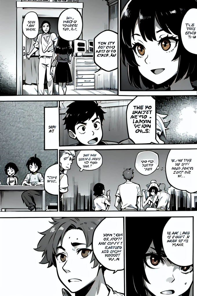 Comics of a brown-haired girl with olive skin, looking at a boy with brown hair and brown eyes sitting at the school desk with a smile on his face