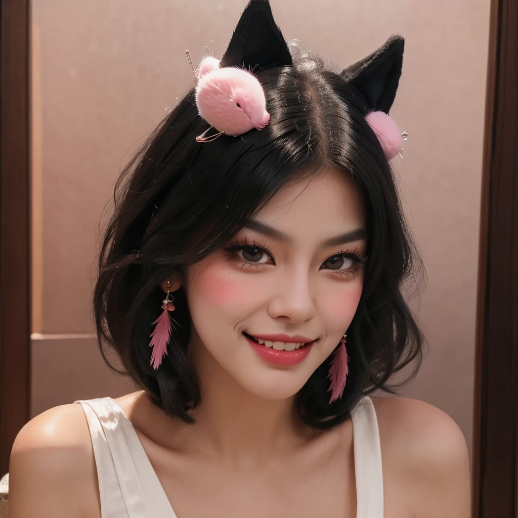 black hair, hair bobbles, wince, longeyelashes, solid circle eyes, fake animal ears, light smile, ear blush, fang, ccurate, Surrealism, drop shadow, anaglyph, stereogram, tachi-e, pov, atmospheric perspective, 8k, super detail, best quality