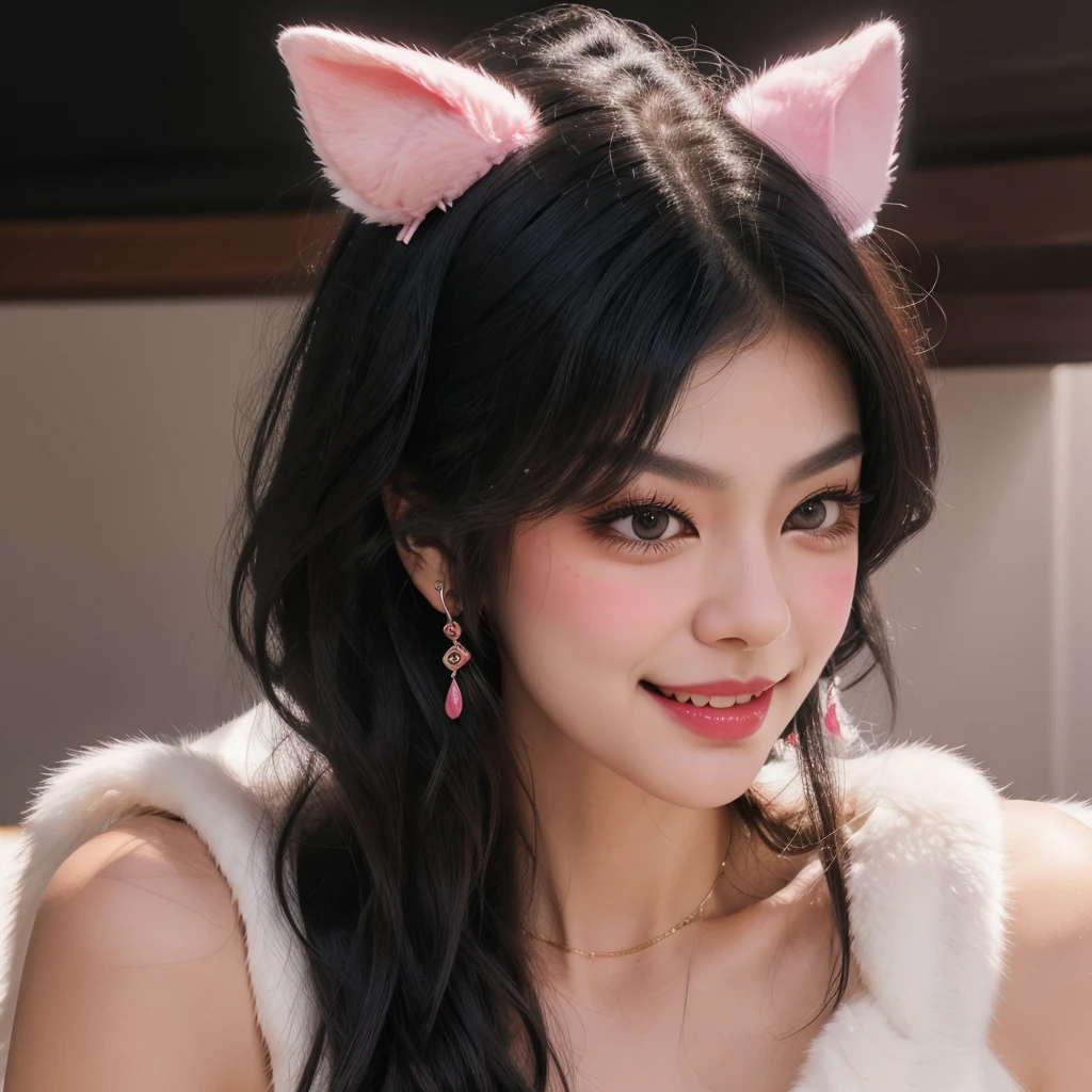 black hair, hair bobbles, wince, longeyelashes, solid circle eyes, fake animal ears, light smile, ear blush, fang, ccurate, Surrealism, drop shadow, anaglyph, stereogram, tachi-e, pov, atmospheric perspective, 8k, super detail, best quality
