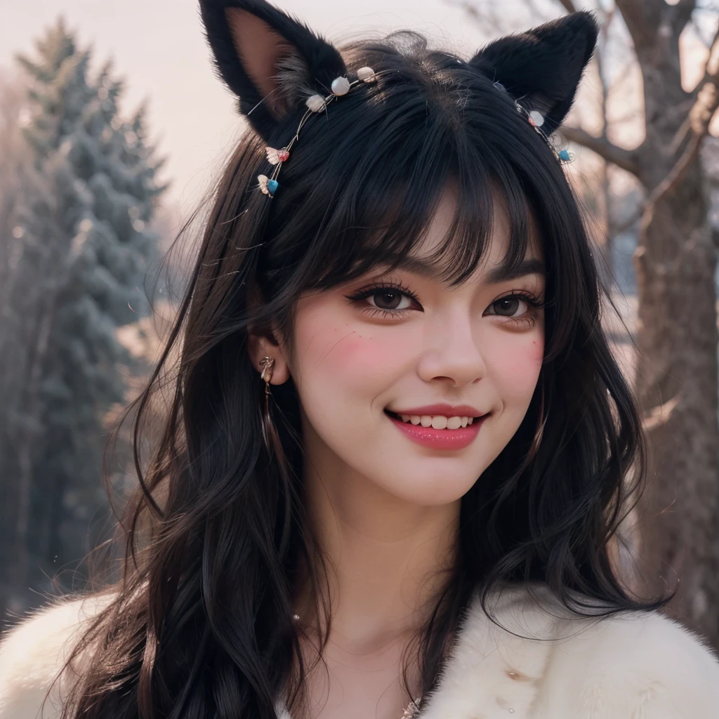 black hair, hair bobbles, wince, longeyelashes, solid circle eyes, fake animal ears, light smile, ear blush, fang, ccurate, Surrealism, drop shadow, anaglyph, stereogram, tachi-e, pov, atmospheric perspective, 8k, super detail, best quality
