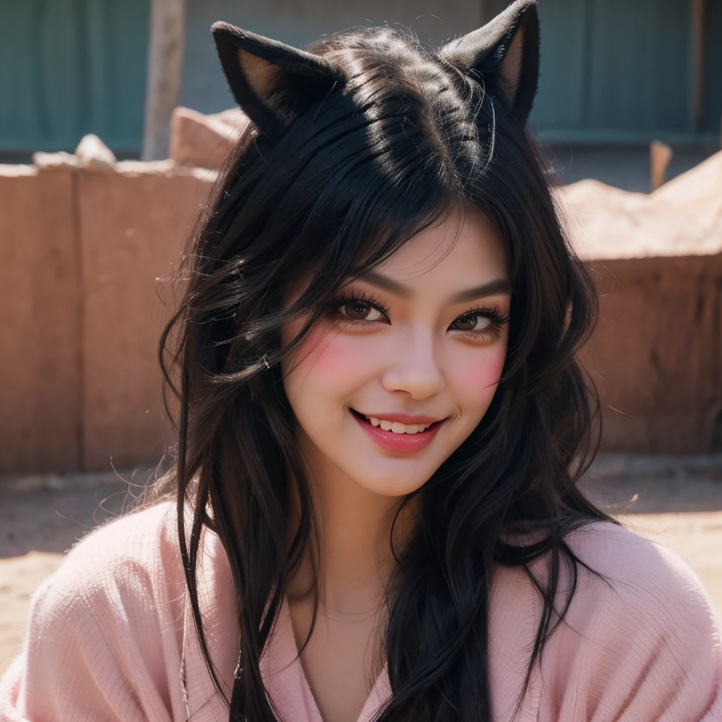 black hair, hair bobbles, wince, longeyelashes, solid circle eyes, fake animal ears, light smile, ear blush, fang, ccurate, Surrealism, drop shadow, anaglyph, stereogram, tachi-e, pov, atmospheric perspective, 8k, super detail, best quality