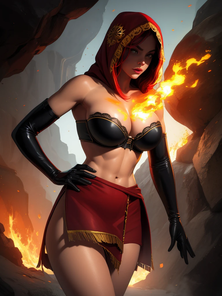 Dsorceress, redhair, shadowy face,dark cave, fire, hood, shadowed face, strapless bra, slim and athletic body, miniskirt, no panty, elbow gloves, dark skin, 1 girl (insanely detailed, masterpiece, best quality)