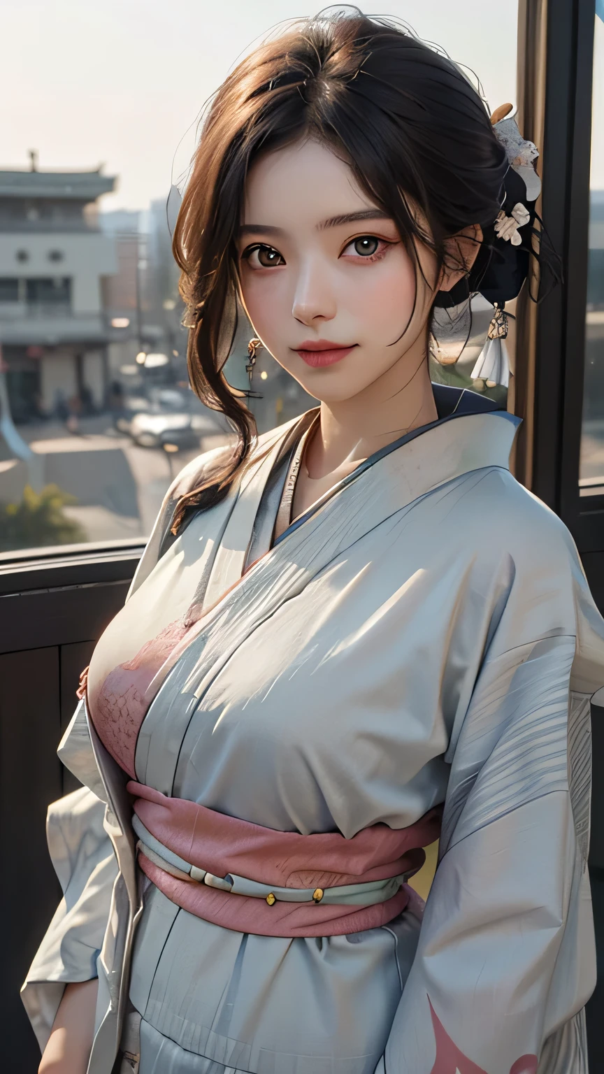 Top best Quality、pfotorealistic、8K、Highresolution、girl 1 person、woman with、(Dents in the skin)、(Professional lighting)、(kimono:1.74)、Luxury、(((big chest、narrow waist)))、(Girl looking at viewer one eye:1.54)、((Watching the viewer:1.6)) 、(is looking at the camera)、pfotorealistic、(bokeh feeling)、(dinamic pose:1.2)、masterwork、intricate、Realstic、sharpening Focus、award winning photography、Sorrisos
