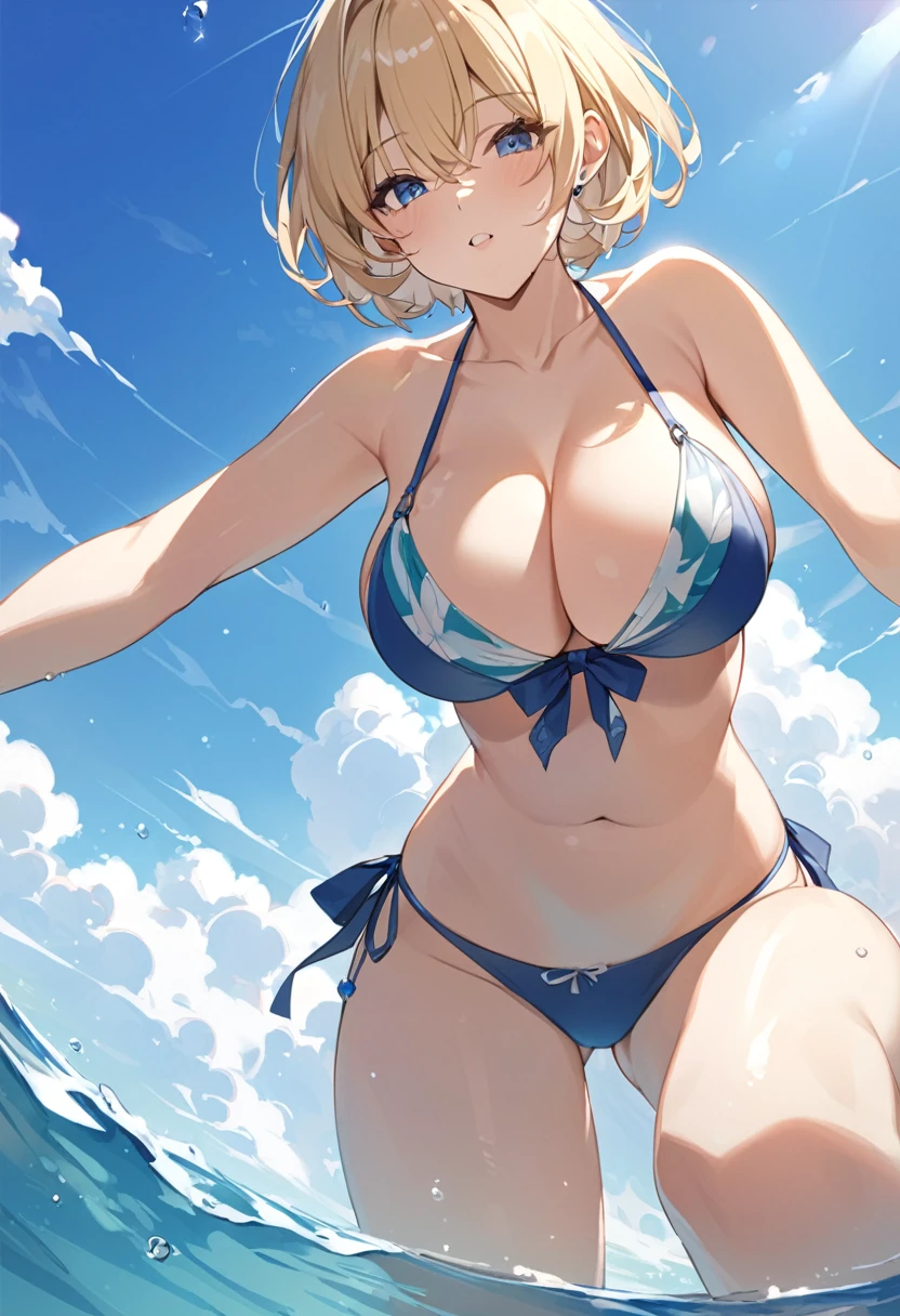 summer、Ocean、blue sky、beautiful girl、bikini、sexy、Low angle、Short Hair、Blonde、Large Breasts