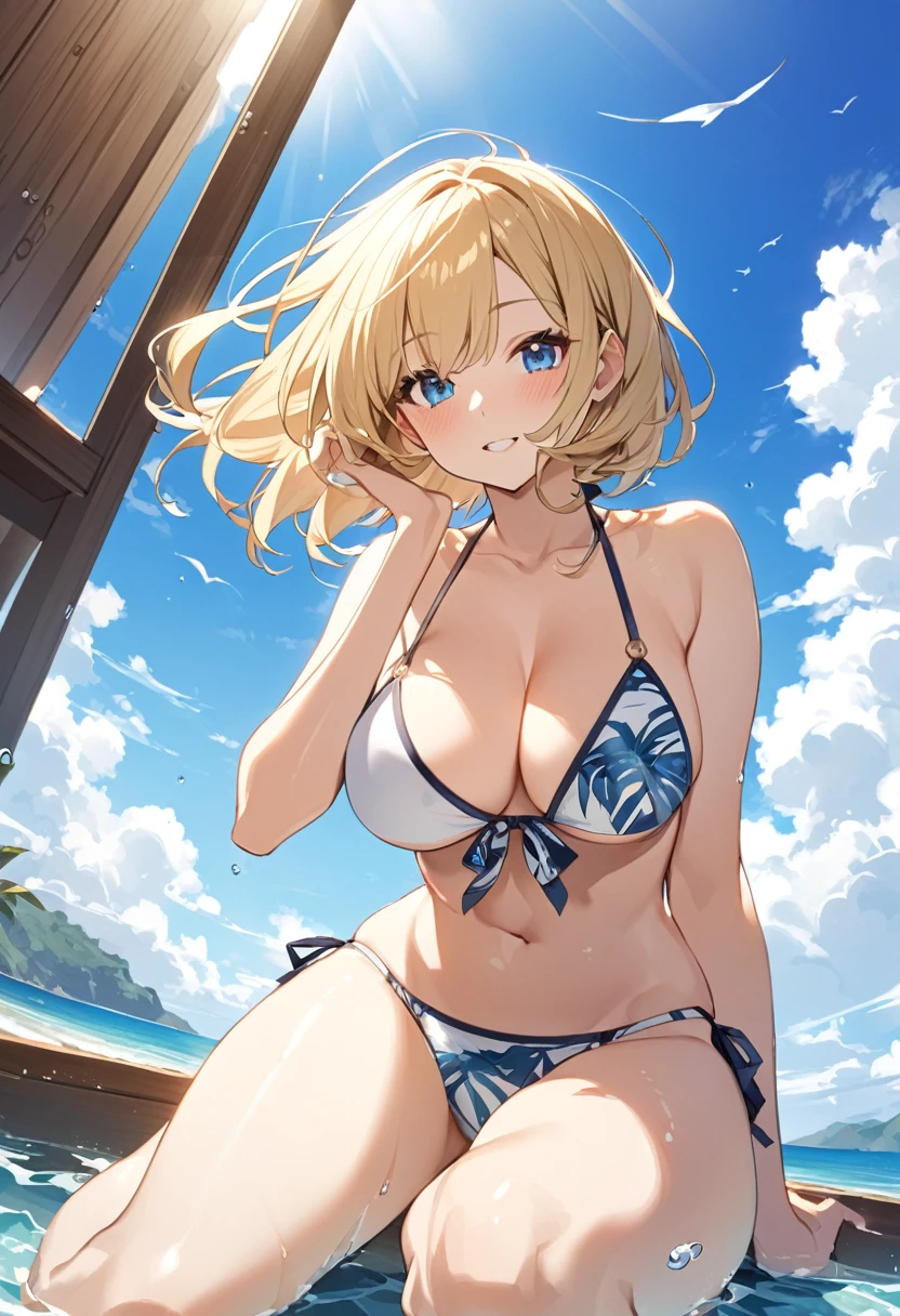 summer、Ocean、blue sky、beautiful girl、bikini、sexy、Low angle、Short Hair、Blonde、Large Breasts