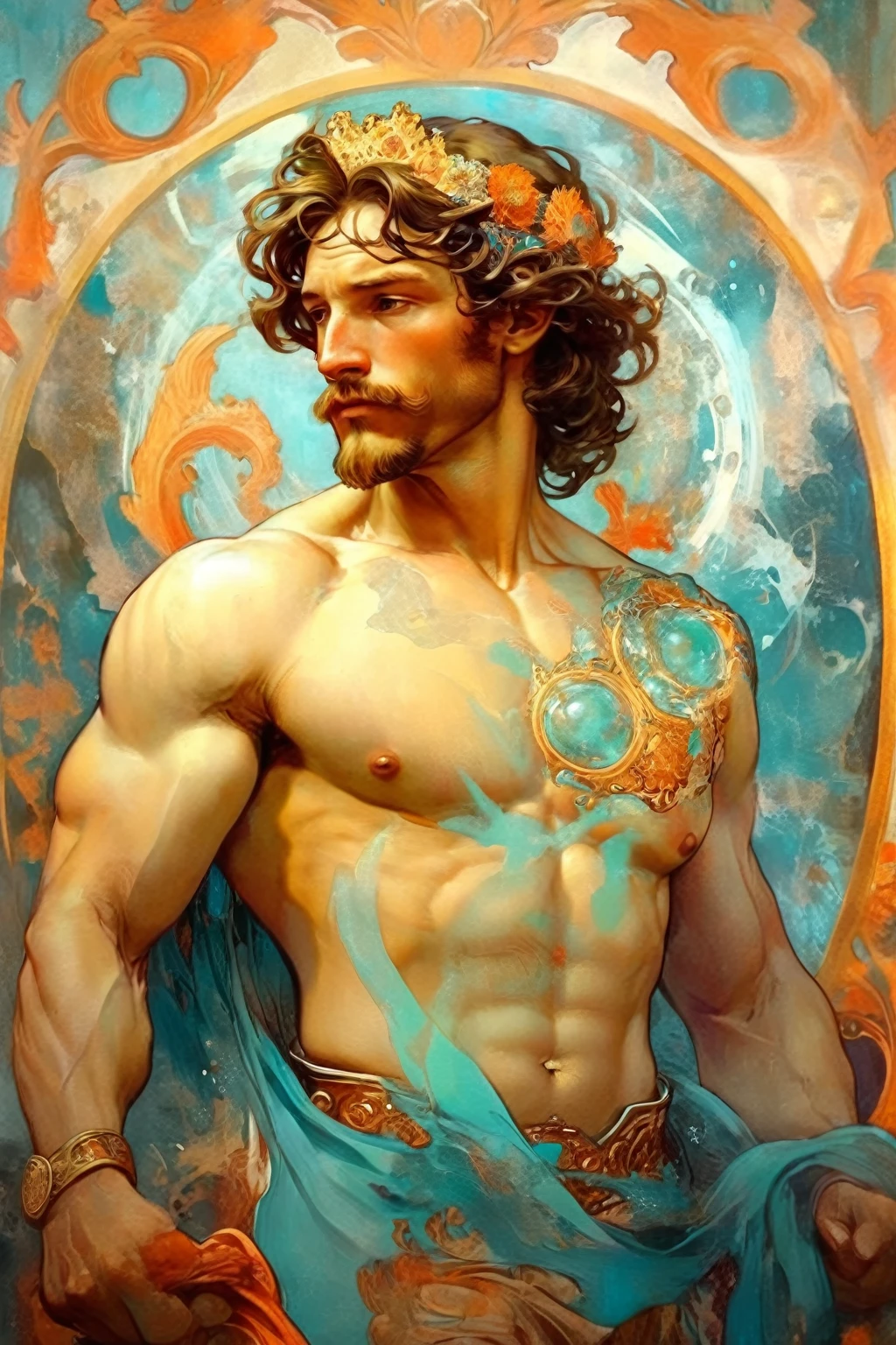 Alphonse Mucha style - portrait of a handsome king in his late thirties in the style of Alphonse Mucha The painting should capture the multifaceted and energetic essence of a powerful Aquarius, showing duality, creativity and intense discipline and focus. The scene must be rich in symbolism, representing the disciplined personality while incorporating elements of bodybuilding culture, suggesting the fusion of intellectuality and physical vigor.