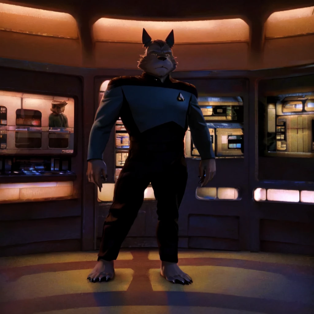 (((Barefoot furry character, full body, cinematic setting, furry male, plantigrade)))
doctor ((Totoro)), studio ghibili, furry, big, fat, whiskers, grey skin, claws,
exudes confidence and authority on starship bridge, wears star trek next generation doctor blue uniform, ((s3stngunf uniform))) long black pants, muscular figure, (((standing in transporter room, standing on transport platform)))
((Bridge of starship with many screens and consoles)), futuristic look, metalic, bright colors
BREAK, intricate details, highly detailed, extreme detail, octane render, fine art, best quality, highres, (detailed face:1.5), ((full_body)), UHD, (((perfect hands))), ((low light:1.5))