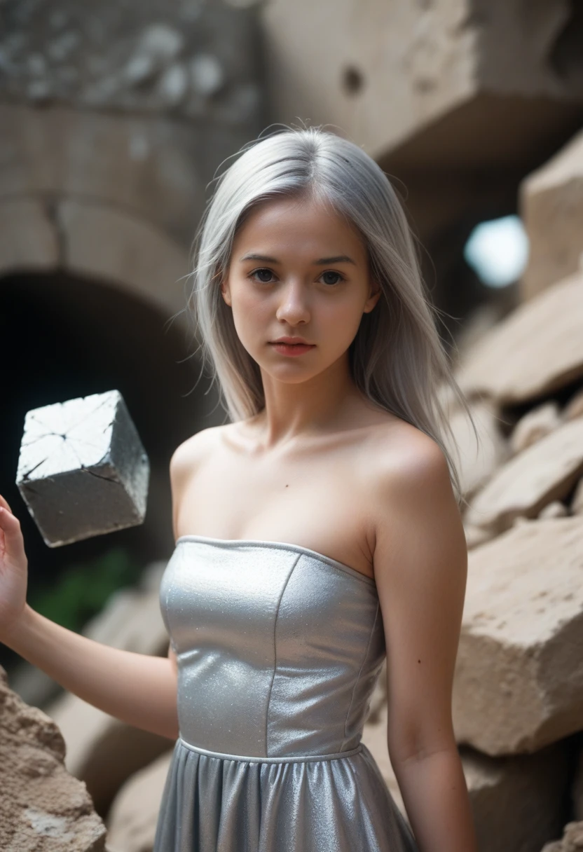 score_9,score_8_up,score_7_up,score_6_up BREAK source_real,raw,photo,realistic BREAK 1girl,silver hair,beautiful facial features,silver dress,standing,cube,debris,stone,floating objects,geometric object,silver theme,dreamy mottled background,depth of field gradient,close-up,