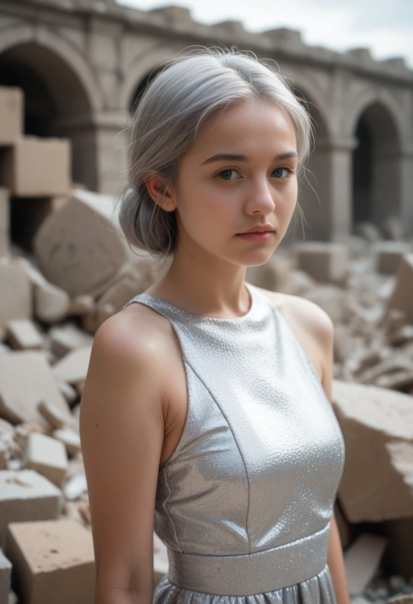 score_9,score_8_up,score_7_up,score_6_up BREAK source_real,raw,photo,realistic BREAK 1girl,silver hair,beautiful facial features,silver dress,standing,cube,debris,stone,floating objects,geometric object,silver theme,dreamy mottled background,depth of field gradient,close-up,