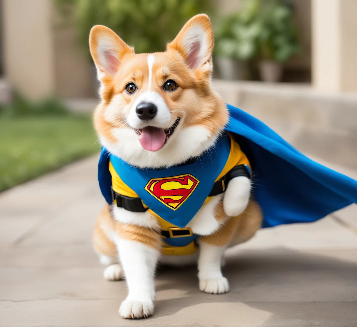 an image of a cute cat 'Brave Barks'. The superhero costume should include a colorful cape with oversized paw prints, a mask with small ears, and a utility belt with tiny treat pouches. The Corgi should be standing confidently with a heroic pose, ready for action. ((shock expression))