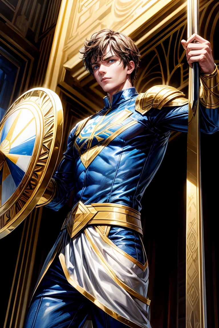 He holds a white and gold shield in his hand