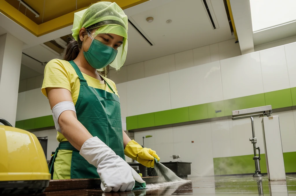 A cleaning worker spraying and wiping a surface with a green cleaning solution and a cloth, wearing yellow gloves and a green apron. The background includes another worker vacuuming, also wearing a green apron and yellow gloves. The setting is a clean indoor environment, emphasizing the professional cleaning activity.