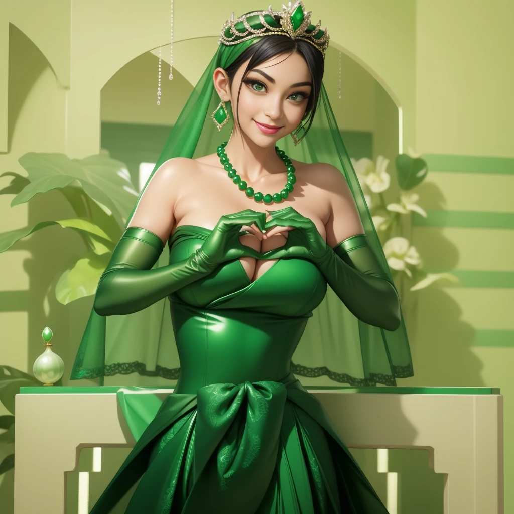 Emerald tiara, Green Pearl Necklace, Boyish, super short black hair, lipstick, Smiling Japanese woman, Very short hair,  Big tits beautiful, Green Eyes, Long green satin gloves, Green Eyes, Emerald Earrings, Green Veil, Heart with both hands