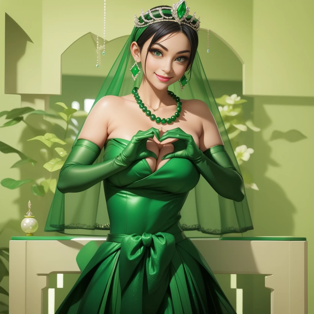 Emerald tiara, Green Pearl Necklace, Boyish, super short black hair, lipstick, Smiling Japanese woman, Very short hair, Big tits beautiful, Green Eyes, Long green satin gloves, Green Eyes, Emerald Earrings, Green Veil, Heart with both hands
