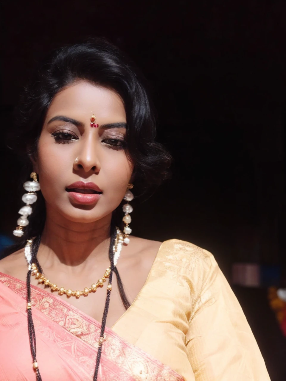 a close up of a woman wearing a red sari and gold earrings, indian super model, jaw-dropping beauty, jaw dropping beauty, very attractive and beautiful, indian goddess, traditional beauty, indian, gorgeous woman, very extremely beautiful, gorgeous beautiful woman, fine details. red, very beautiful woman, attractive and beautiful, dressed in a sari, very very beautiful woman
